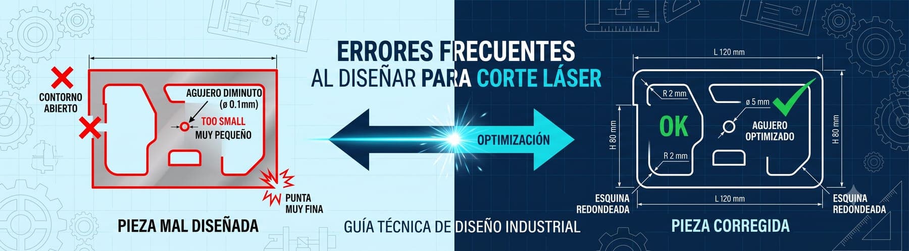 Errores frecuentes al diseñar piezas para corte láser: contorno abierto, agujero diminuto y punta muy fina, frente a la pieza corregida con esquinas redondeadas y agujero optimizado.