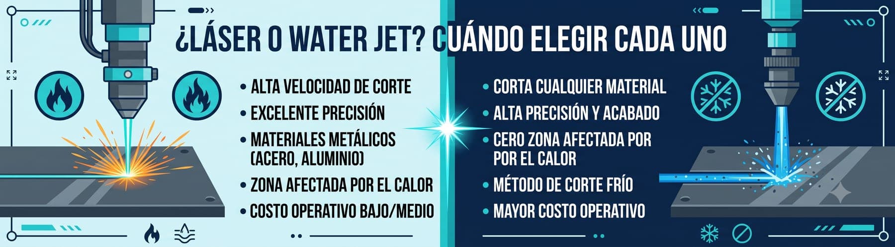 Comparación entre corte láser y water jet: el láser aporta velocidad y precisión en metales; el water jet corta en frío, sin zona afectada por el calor.