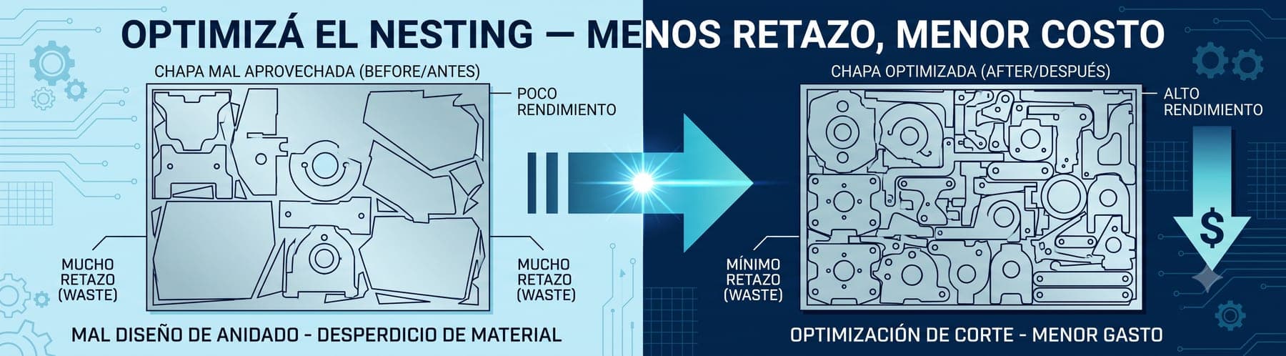 Optimización del nesting en corte láser: una chapa mal aprovechada con mucho retazo frente a una chapa optimizada con mínimo desperdicio y menor costo.